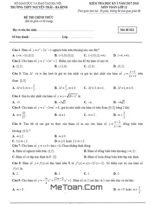 Đề thi HK1 Toán 12 năm học 2017 - 2018 trường THPT Nguyễn Trãi - Hà Nội (Có đáp án)