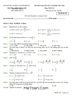 Đề giữa kỳ 1 Toán 11 năm 2023 - 2024 trường THPT Thủy Sơn - Hải Phòng