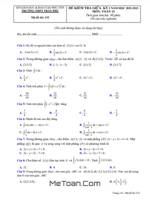 Đề Thi Giữa Kỳ 2 Môn Toán Lớp 12 Năm 2022 - 2023 Trường THPT Trần Phú - Phú Yên