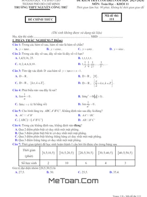 Đề thi HK1 Toán 11 năm 2023 - 2024 trường THPT Nguyễn Công Trứ - TP.HCM