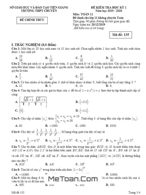 Đề thi học kỳ 1 Toán 11 năm 2019 - 2020 trường THPT chuyên Tiền Giang