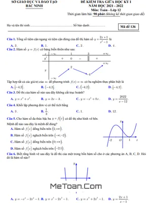 Đề kiểm tra giữa học kỳ 1 Toán 12 năm 2021 - 2022 sở GD&ĐT Bắc Ninh