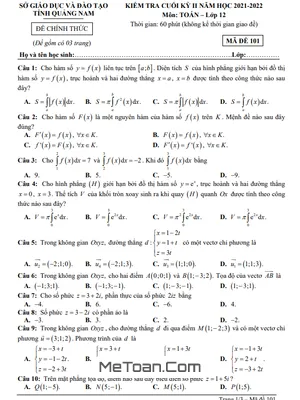 Đề thi Toán 12 cuối kỳ 2 năm 2021-2022 Sở GD&ĐT Quảng Nam