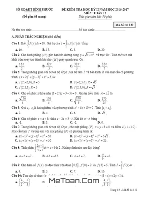 Đề thi HK2 Toán 12 năm học 2016 - 2017 Sở GD&ĐT Bình Phước