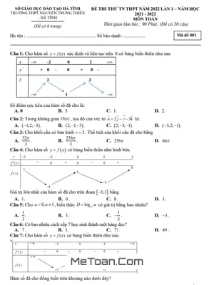 Đề thi thử Toán tốt nghiệp THPT 2022 lần 1 trường Nguyễn Trung Thiên – Hà Tĩnh