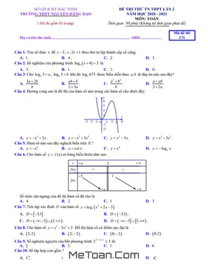 Đề thi thử THPT 2021 môn Toán lần 2 trường Nguyễn Đăng Đạo – Bắc Ninh (có đáp án)