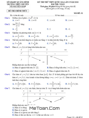 Đề thi thử Toán THPTQG 2018 trường THPT chuyên Võ Nguyên Giáp – Quảng Bình lần 1 (có đáp án)