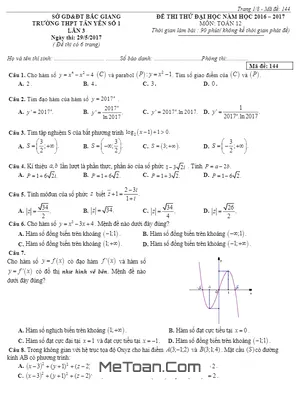 Đề thi thử THPT Quốc gia môn Toán trường THPT Tân Yên 1 - Bắc Giang lần 3 năm 2017