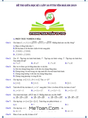 Đề thi giữa HK1 Toán 10 năm học 2018 - 2019 trường THPT Yên Hòa - Hà Nội