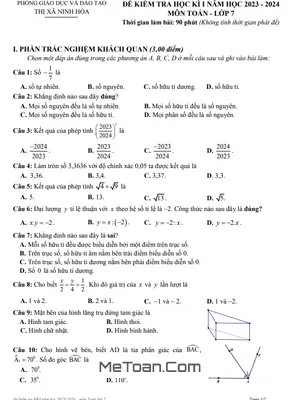 Đề Thi Học Kì 1 Toán 7 Năm 2023 - 2024 Phòng GD&ĐT Ninh Hòa - Khánh Hòa