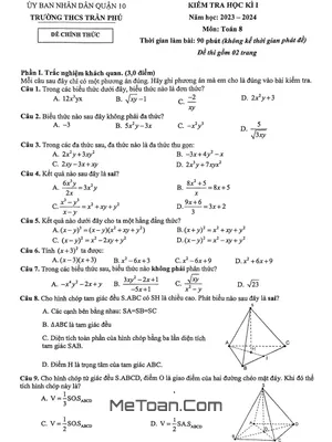 Đề Thi Học Kì 1 Toán 8 Năm 2023 - 2024 Trường THCS Trần Phú - TP.HCM