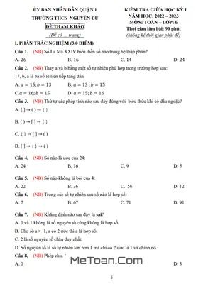 Đề Tham Khảo Giữa Kỳ 1 Toán 6 Năm 2022 - 2023 Trường THCS Nguyễn Du - TP HCM