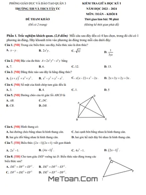 Đề Tham Khảo Giữa Kỳ 1 Toán 8 Năm 2023 - 2024 Trường TiH - THCS Tây Úc - TP HCM