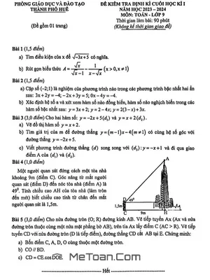 Đề thi học kì 1 Toán 9 năm 2023 - 2024 phòng GD&ĐT thành phố Huế