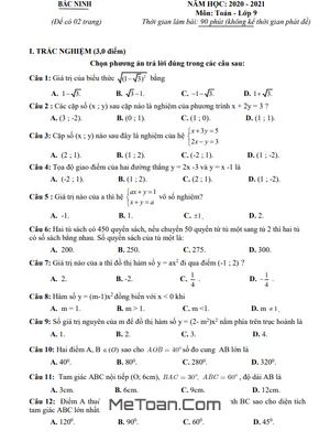 Đề Thi Giữa Học Kỳ 2 Toán 9 Năm 2020 - 2021 Sở GD&ĐT Bắc Ninh