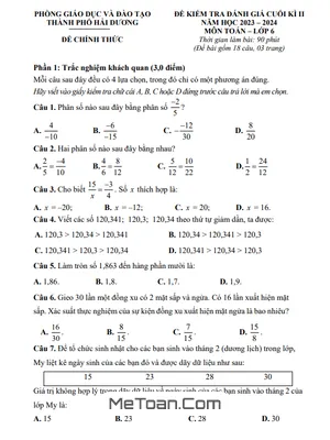 Đề thi học kì 2 Toán 6 năm 2023 - 2024 phòng GD&ĐT Hải Dương