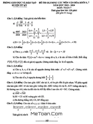 Đề thi Olympic Toán 7 năm 2023 - 2024 phòng GD&ĐT Tứ Kỳ - Hải Dương