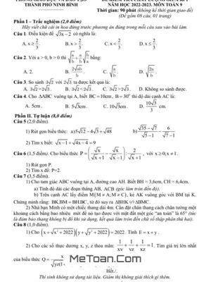 Đề Thi Giữa Kì 1 Toán 9 Năm 2022-2023 Phòng GD&ĐT Thành Phố Ninh Bình