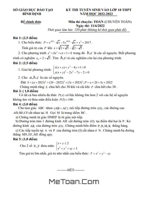 Đề Thi Vào Lớp 10 Chuyên Toán Bình Định Năm 2022 - 2023