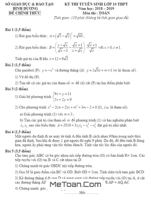 Đề thi tuyển sinh lớp 10 môn Toán năm 2018 - 2019 Sở GD&ĐT Bình Dương