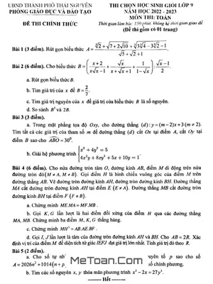 Đề thi học sinh giỏi Toán 9 năm 2022 - 2023 phòng GD&ĐT thành phố Thái Nguyên