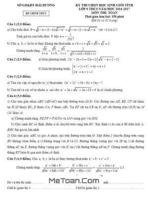 Đề thi chọn học sinh giỏi tỉnh Toán 9 THCS năm học 2016-2017 sở GD&ĐT Hải Dương