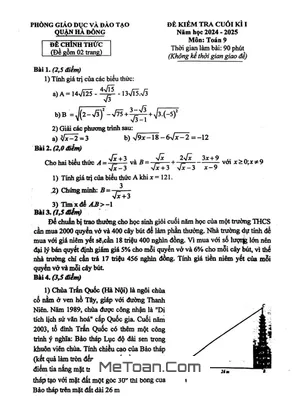 Đề thi học kì 1 Toán 9 năm 2024 - 2025 phòng GD&ĐT Hà Đông - Hà Nội