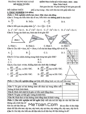 Đề thi cuối kì 1 Toán 8 năm 2025 – 2026 trường THCS Đỗ Đăng Tuyển – Đà Nẵng