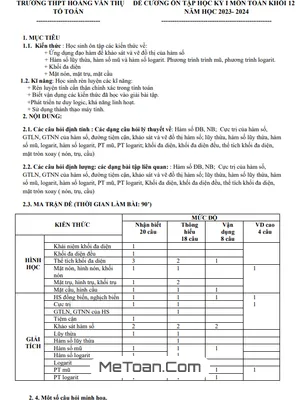 Đề Cương Ôn Tập Học Kỳ 1 Toán 12 Năm 2023 - 2024 Trường THPT Hoàng Văn Thụ - Hà Nội