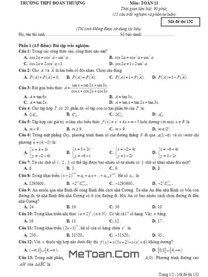 Đề thi sát hạch Toán 11 lần 1 năm 2019 – 2020 trường Đoàn Thượng – Hải Dương