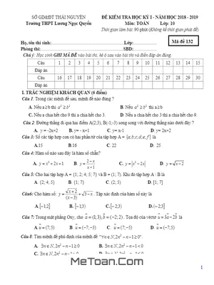 Đề thi HK1 Toán 10 năm 2018 - 2019 trường Lương Ngọc Quyến - Thái Nguyên