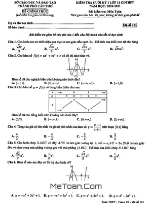Đề thi cuối kỳ 1 Toán 12 GDTHPT năm 2020 - 2021 sở GD&ĐT Cần Thơ