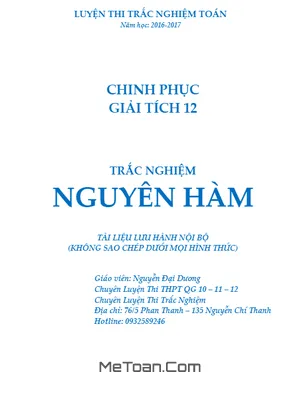 Bài Tập Trắc Nghiệm Nguyên Hàm Cực Hay Có Lời Giải Chi Tiết - Nguyễn Đại Dương