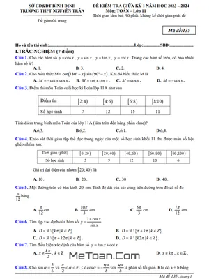 Đề thi giữa kì 1 Toán 11 năm 2023 - 2024 trường THPT Nguyễn Trân - Bình Định