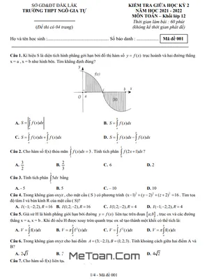 Đề thi giữa HK2 Toán 12 năm 2021-2022 trường THPT Ngô Gia Tự - Đắk Lắk