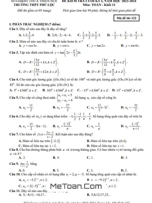 Đề thi học kỳ 1 Toán 11 năm 2023 - 2024 trường THPT Phú Lộc - TT Huế