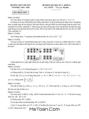 Đề thi học kì 1 Toán 11 năm 2019 - 2020 trường THPT Thủ Đức - TP.HCM (có lời giải)