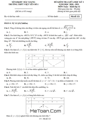 Đề thi giữa kì 1 Toán 12 năm 2020 - 2021 trường THPT Việt Yên 1 - Bắc Giang