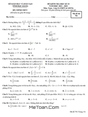 Đề kiểm tra học kỳ 2 Toán 12 năm 2021 - 2022 sở GD&ĐT Hậu Giang