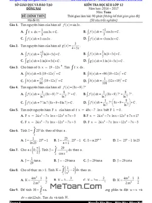 Đề thi HK2 Toán 12 năm học 2016 - 2017 Sở GD&ĐT Đồng Nai - Có lời giải