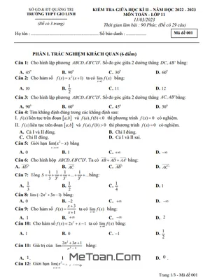 Đề Thi Giữa Kì 2 Toán 11 Năm 2022 - 2023 Trường THPT Gio Linh - Quảng Trị