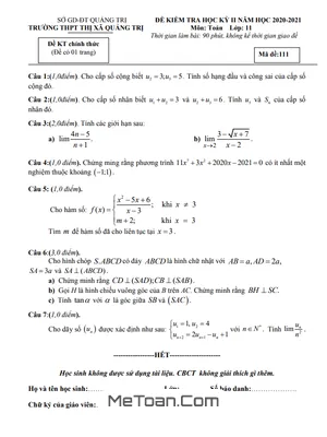 Đề thi học kỳ 2 môn Toán lớp 11 năm 2020 - 2021 trường THPT Thị xã Quảng Trị