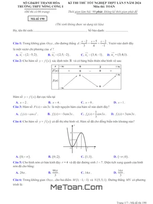 Đề thi thử Toán TN THPT 2024 lần 5 trường THPT Nông Cống 1 – Thanh Hóa
