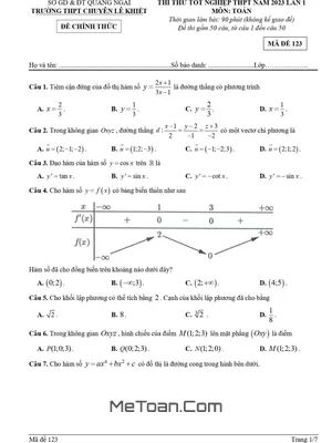 Đề thi thử Toán TN THPT 2023 lần 1 trường chuyên Lê Khiết – Quảng Ngãi