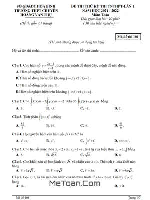 Đề thi thử Toán TN THPT 2022 lần 1 trường chuyên Hoàng Văn Thụ - Hòa Bình
