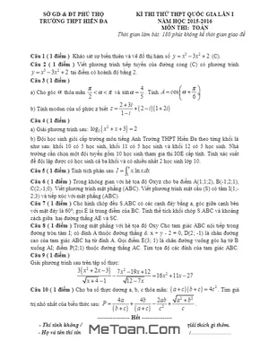 Đề thi thử THPT Quốc gia 2016 môn Toán trường THPT Hiền Đa – Phú Thọ lần 1