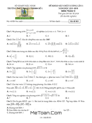 Đề Kiểm Tra Chất Lượng Cuối Kỳ 1 Toán 10 Năm 2018 - 2019 Trường Thuận Thành 1 - Bắc Ninh