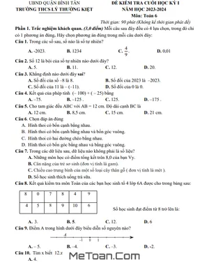 Đề Thi Học Kỳ 1 Toán Lớp 6 Năm 2023-2024 Trường THCS Lý Thường Kiệt - TP.HCM