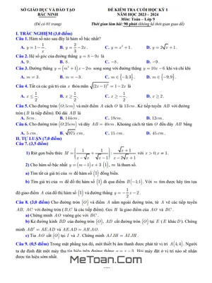 Đề thi HK1 Toán 9 năm 2023 - 2024 sở GD&ĐT Bắc Ninh
