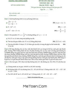 Đề thi giữa học kì 2 Toán 9 năm 2020 – 2021 trường THCS Đồng Khởi – TP HCM